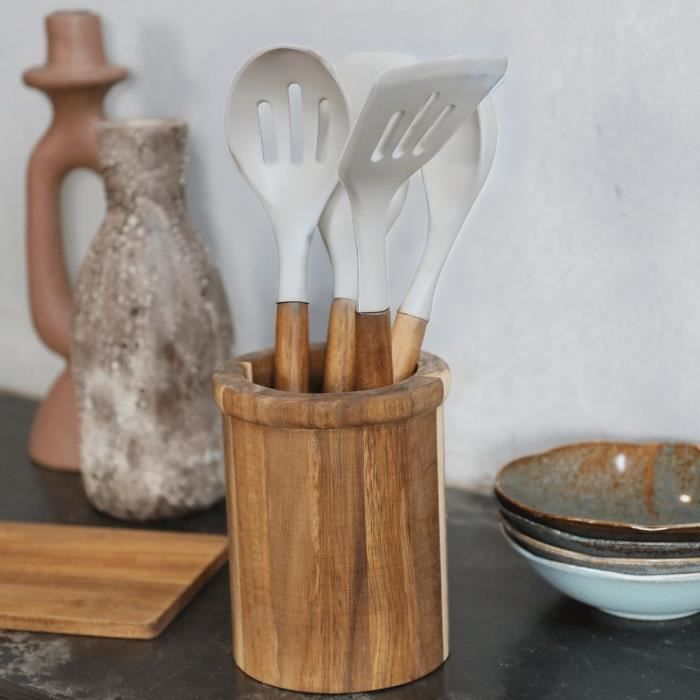 LIVOO Set of 4 Utensils with Pot - FSC Acacia Wood - Silicone 31 cm - Pot 15 x 12 cm MES153G