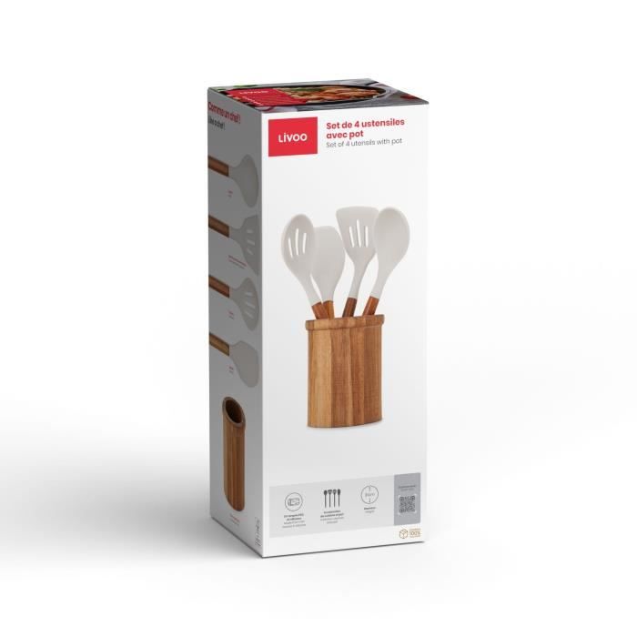 LIVOO Set of 4 Utensils with Pot - FSC Acacia Wood - Silicone 31 cm - Pot 15 x 12 cm MES153G