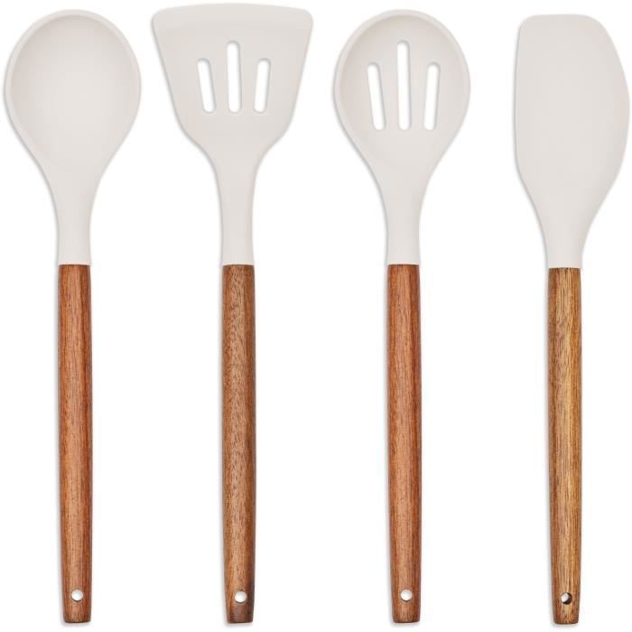 LIVOO Set of 4 Utensils with Pot - FSC Acacia Wood - Silicone 31 cm - Pot 15 x 12 cm MES153G