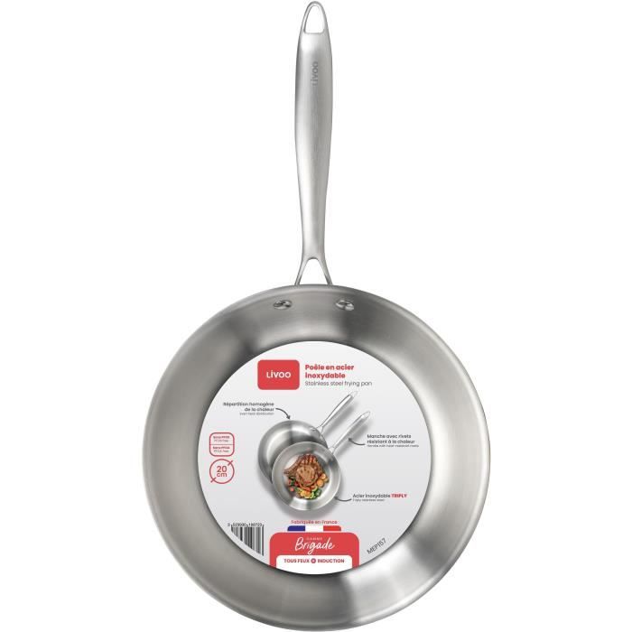 LIVOO MEP157 Frying Pan - 20 cm - Triply Stainless Steel - Suitable for all hobs including induction - Made in France