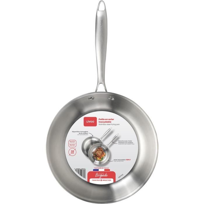LIVOO MEP159 Frying Pan - 28 cm - Triply Stainless Steel - Suitable for all hobs including induction - Made in France