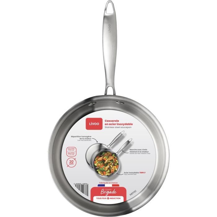 LIVOO 20 cm Brigade Stainless Steel Saucepan - MEP161 - Triply Stainless Steel - Suitable for All Hobs Including Induction - Made in France
