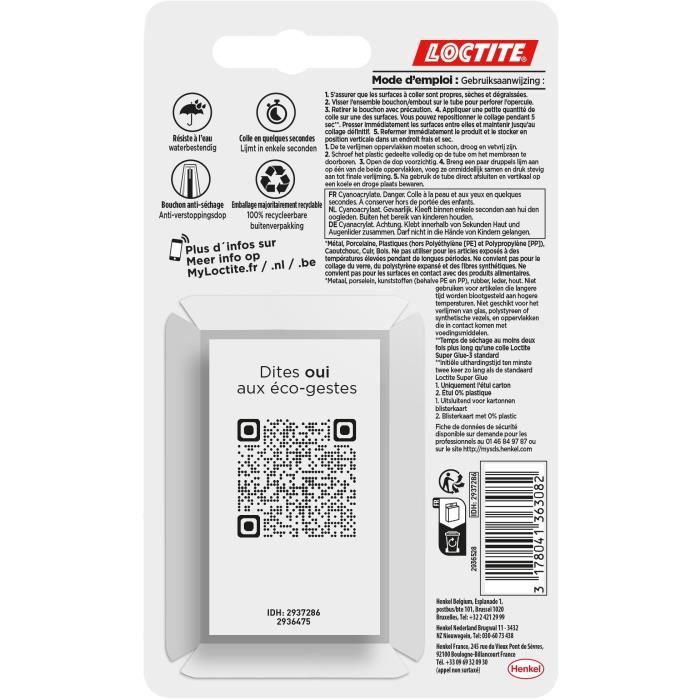 LOCTITE SUPERGLUE-3 Cyanocrylate Adhesives - Repositionable - Gel 3 g - Pack of 2 Blister - Carton 12 pcs 12uc