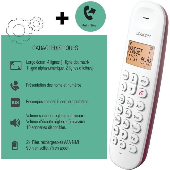 LOGICOM Fixed Cordless Telephone DECT ILOA 150 SOLO Raspberry Without Answering Machine
