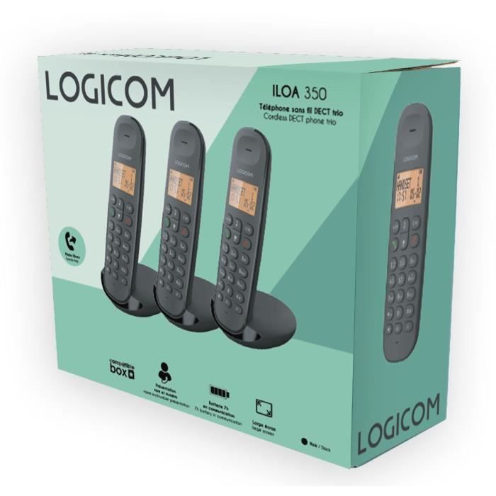 LOGICOM Cordless Phone DECT ILOA 350 TRIO Black No Answering Machine