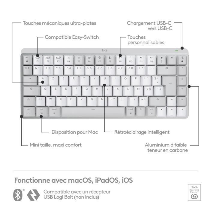 Logitech MX Keys Mini Wireless Keyboard - AZERTY - Backlit - For Mac - Light Gray