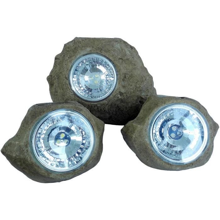LUMISKY Set of 3 Solar-Powered Garden Rocks - ROCKY BROWN - 14 and 9 cm - White LED