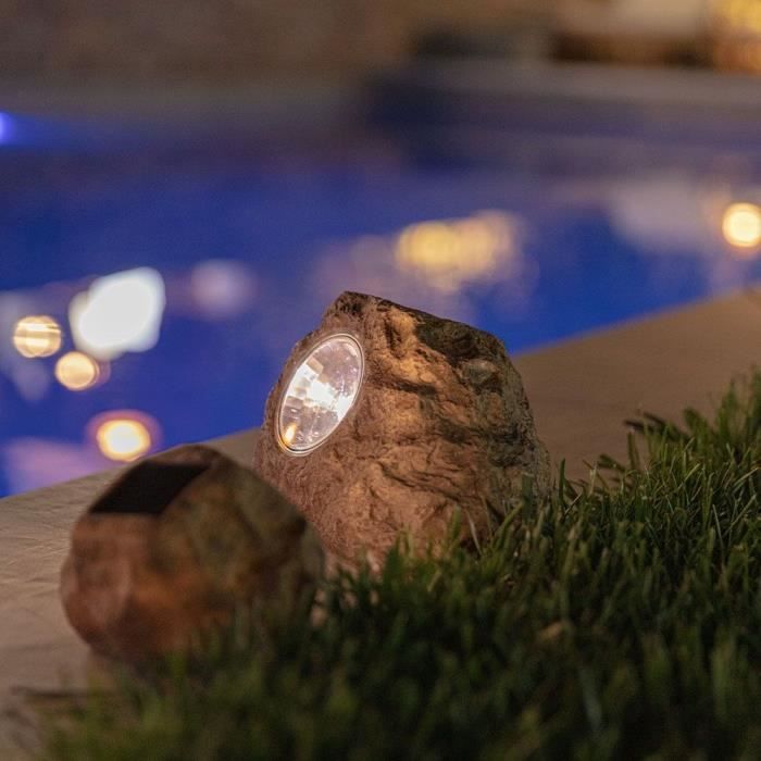 LUMISKY Set of 3 Solar-Powered Garden Rocks - ROCKY BROWN - 14 and 9 cm - White LED