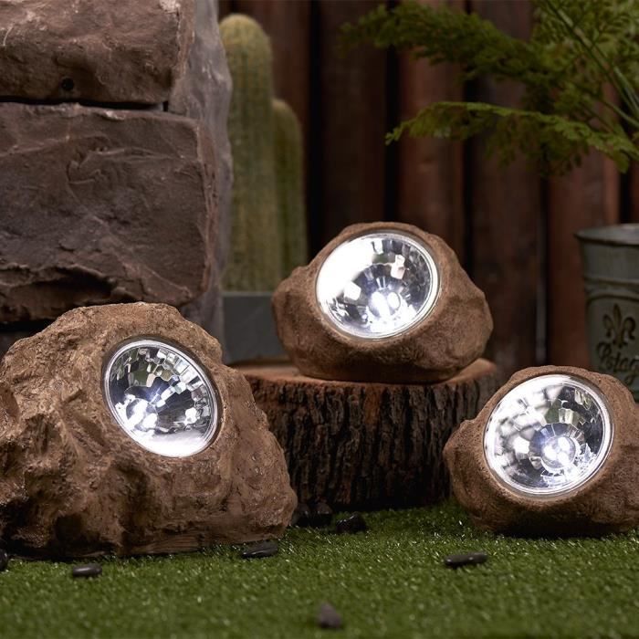 LUMISKY Set of 3 Solar-Powered Garden Rocks - ROCKY BROWN - 14 and 9 cm - White LED