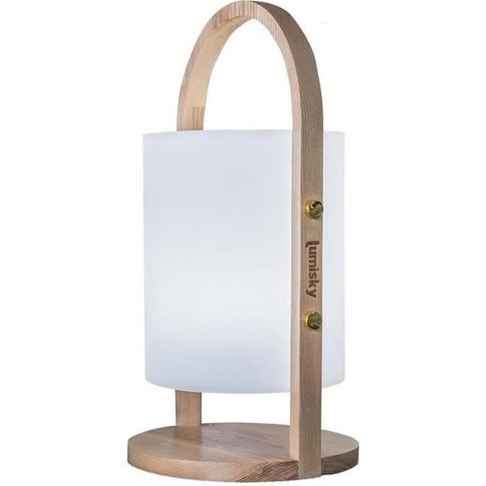 LUMISKY Woody LED Outdoor Lantern - White - Scandinavian Design - Natural Wood Handle - 10-Hour Battery Life