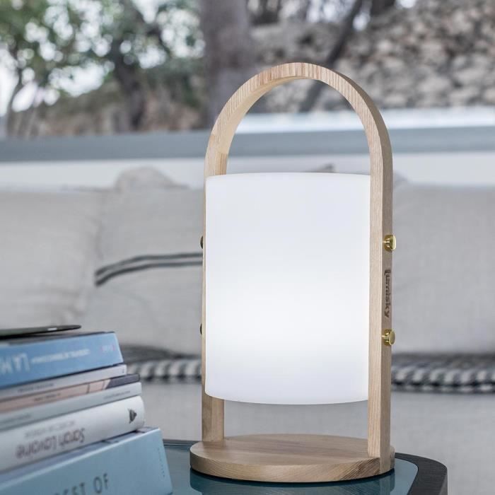 LUMISKY Woody LED Outdoor Lantern - White - Scandinavian Design - Natural Wood Handle - 10-Hour Battery Life