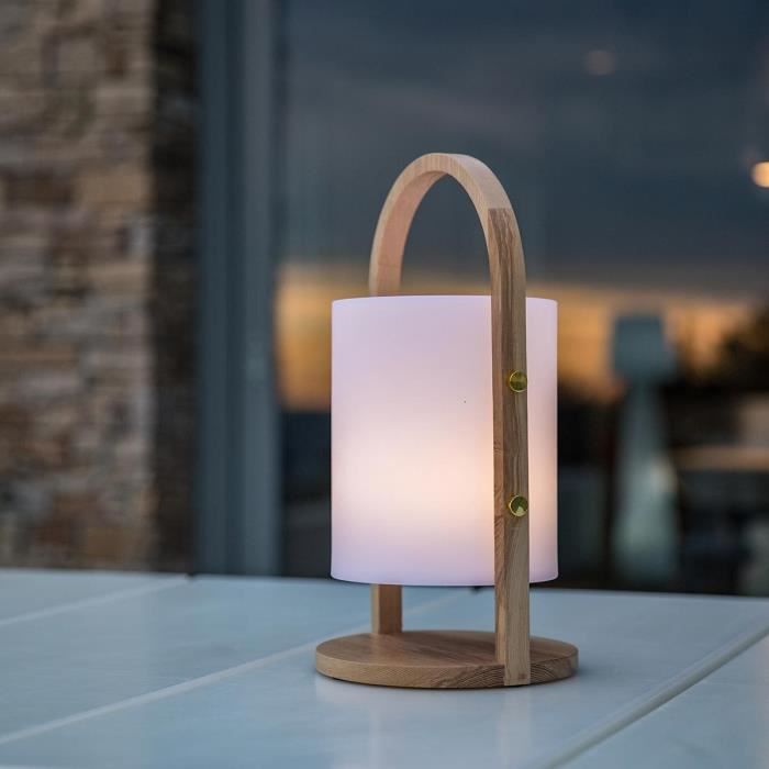 LUMISKY Woody LED Outdoor Lantern - White - Scandinavian Design - Natural Wood Handle - 10-Hour Battery Life