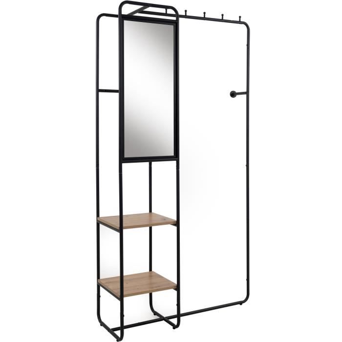 Meuble d'entrée - LUTON - Structure métallique - Noir / Chëne artisan - 100 x 185 x 37 cm - 2 étageres - 1 miroir