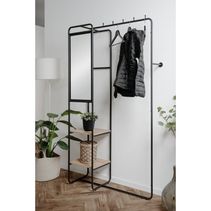 Meuble d'entrée - LUTON - Structure métallique - Noir / Chëne artisan - 100 x 185 x 37 cm - 2 étageres - 1 miroir