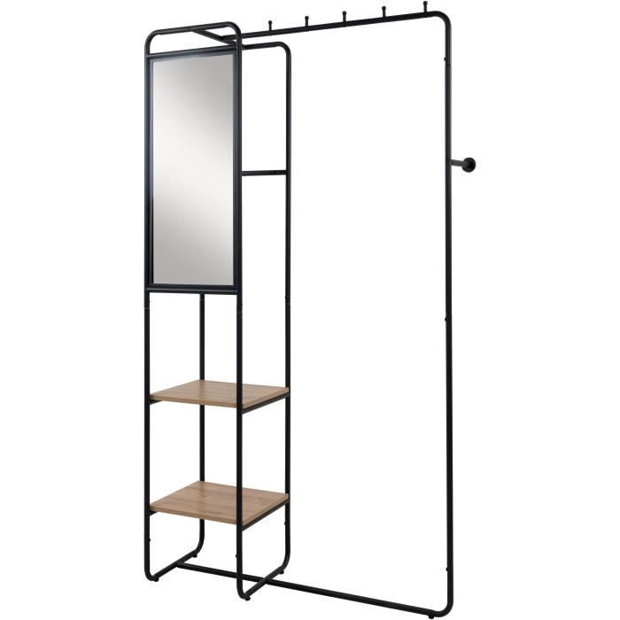 Meuble d'entrée - LUTON - Structure métallique - Noir / Chëne artisan - 100 x 185 x 37 cm - 2 étageres - 1 miroir