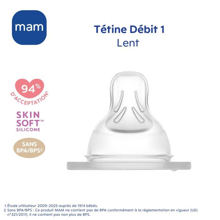 MAM Baby Bottle Accessories Silicone Teat, +0 m, Flow 1 Slow, Pack of 2