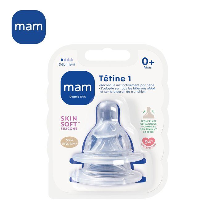 MAM Baby Bottle Accessories Silicone Teat, +0 m, Flow 1 Slow, Pack of 2