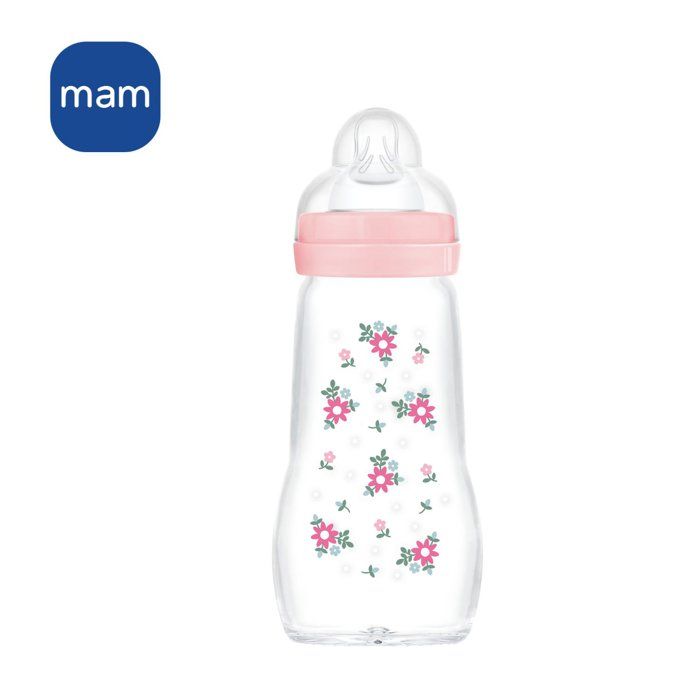 MAM Glass Baby Bottle - Medium Flow Nipple 2 - Pink