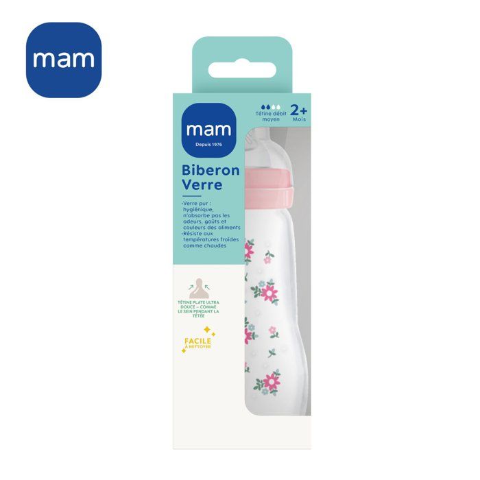 MAM Glass Baby Bottle - Medium Flow Nipple 2 - Pink
