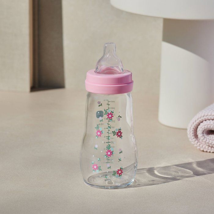 MAM Glass Baby Bottle - Medium Flow Nipple 2 - Pink