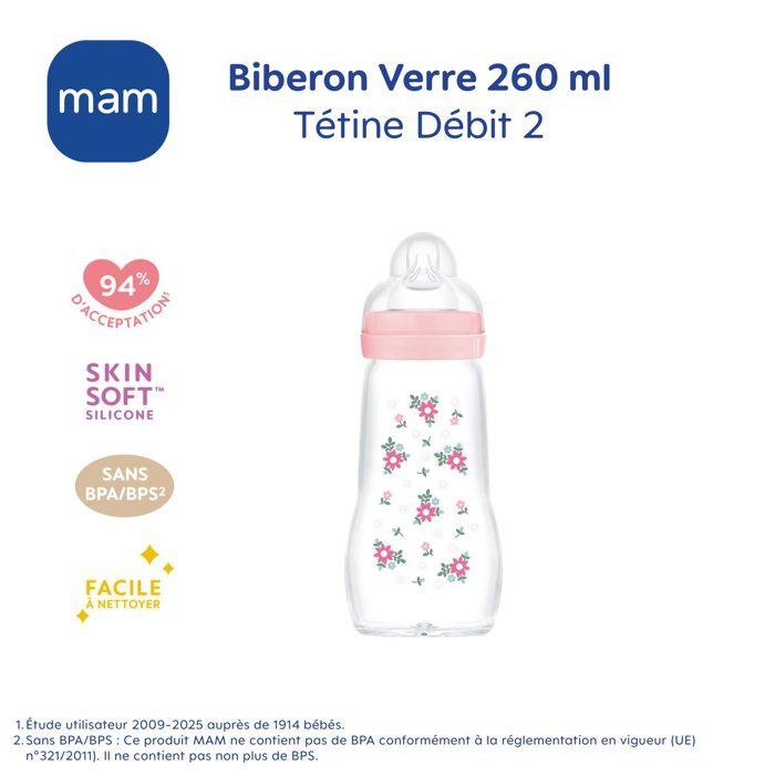 MAM Glass Baby Bottle - Medium Flow Nipple 2 - Pink