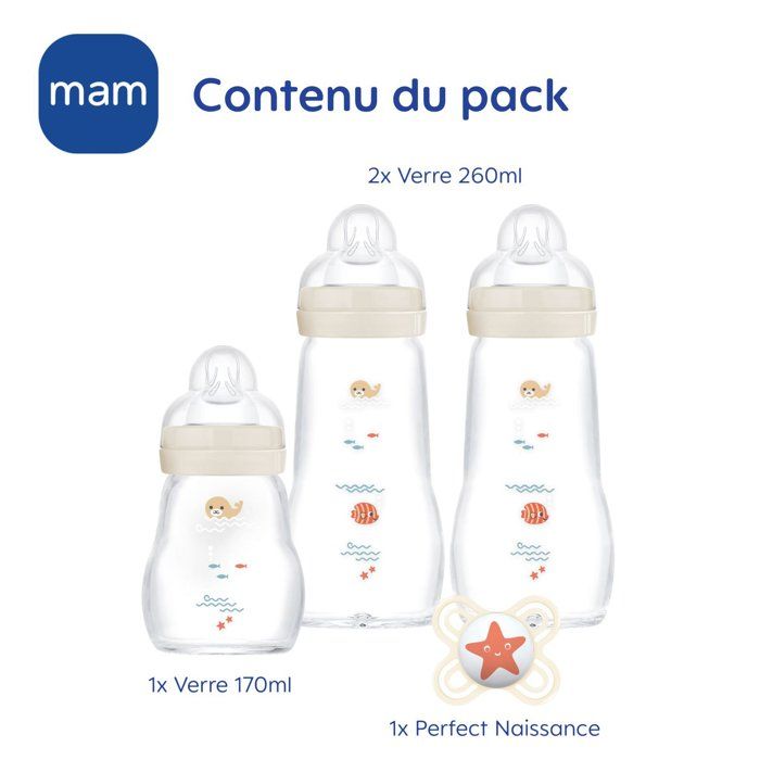 MAM Glass Baby Bottle Set for Newborns - 170 ml + 260 ml Bottles