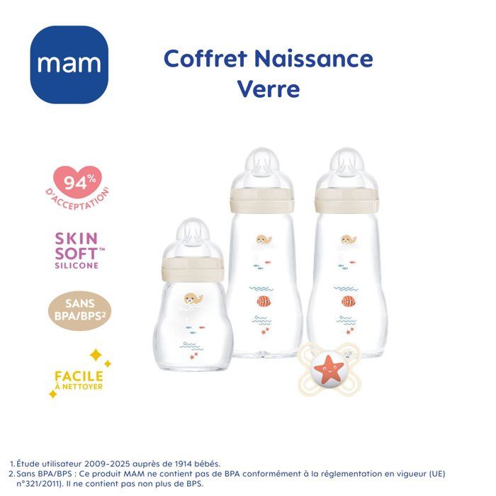 MAM Glass Baby Bottle Set for Newborns - 170 ml + 260 ml Bottles