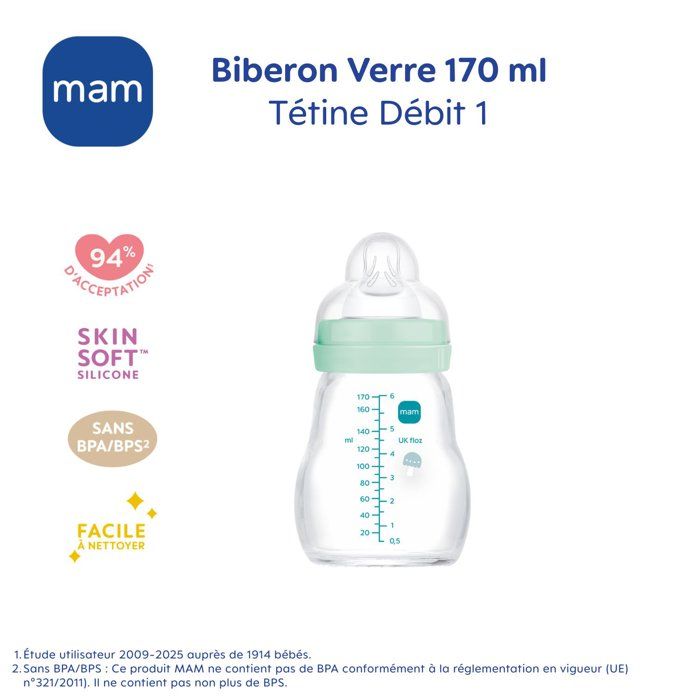 MAM Glass Baby Bottle - 170 ml - Blue - Size 1 Teat