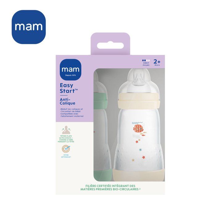 Set of 2 MAM Easy Start Classic Anti-Colic Baby Bottles 260 ml Mint + Cotton
