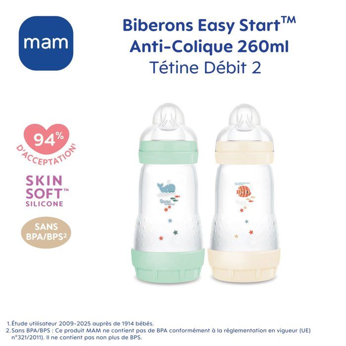 Set of 2 MAM Easy Start Classic Anti-Colic Baby Bottles 260 ml Mint + Cotton