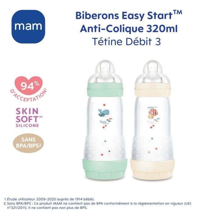 Set of 2 MAM Easy Start Classic Anti-Colic Baby Bottles 320 ml Mint + Cotton