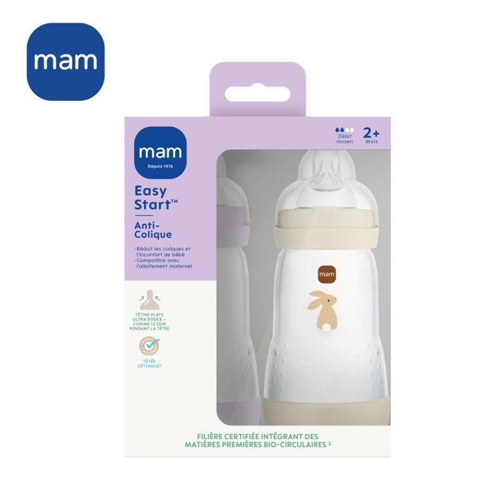MAM Set of 2 Easy Start Anti-Colic Baby Bottles 260 ml - Lilac + Sand