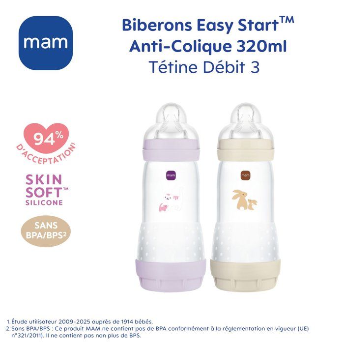 MAM Baby Bottles Set of 2 - Easy Start - Anti-colic - 320 ml - Size 3 Teat - Lilac + Sand