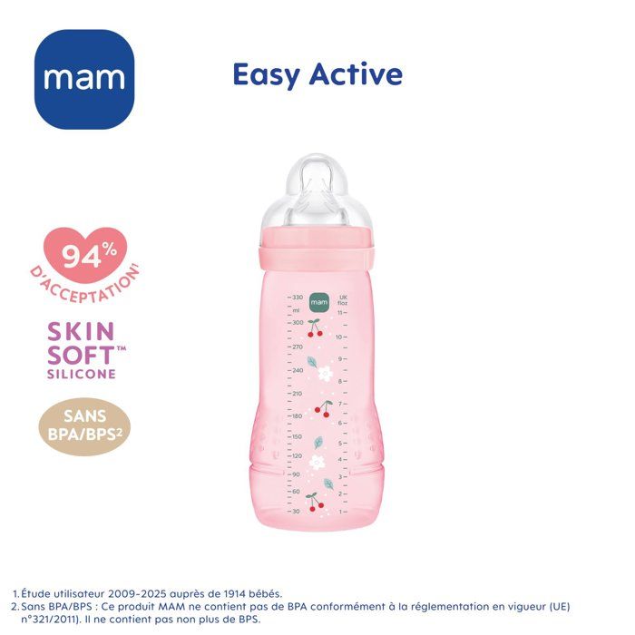 MAM BABY Baby Bottle - Easy Active - 330 ml - X Flow Teat - 6+ months - Berry