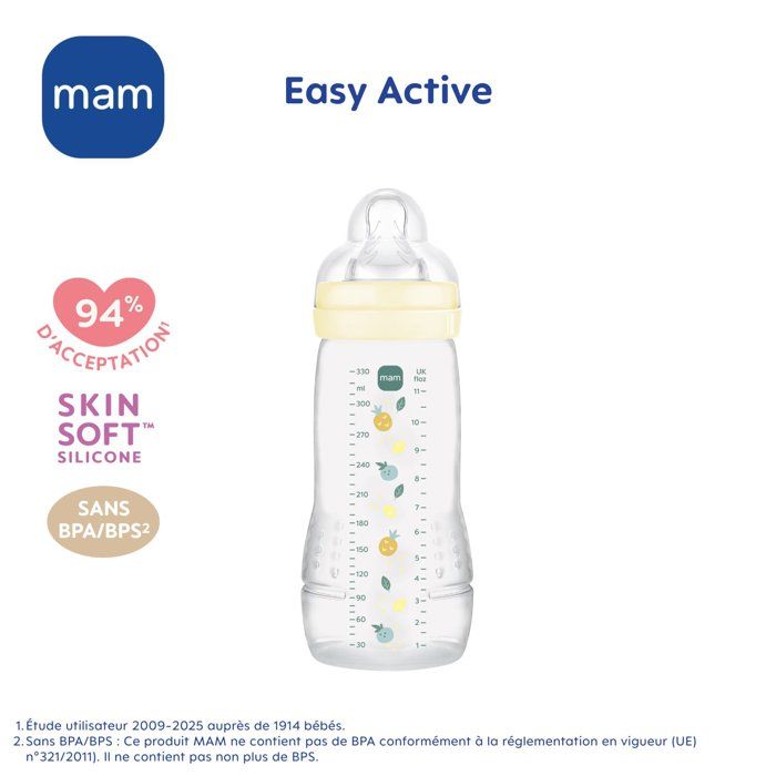 MAM BABY Baby Bottle - Easy Active - 330 ml - X Flow Teat - 6+ months - Pearl