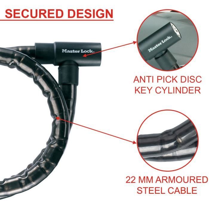 MASTER LOCK Steel Keyed Cable Lock - Black, 1.2 m - 8115EURDPS