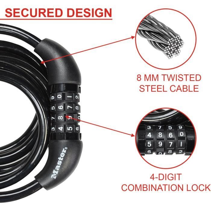 MASTER LOCK Bike Lock - Twisted Cable, 1.8 m, Programmable Combination - 8221EURDPRO