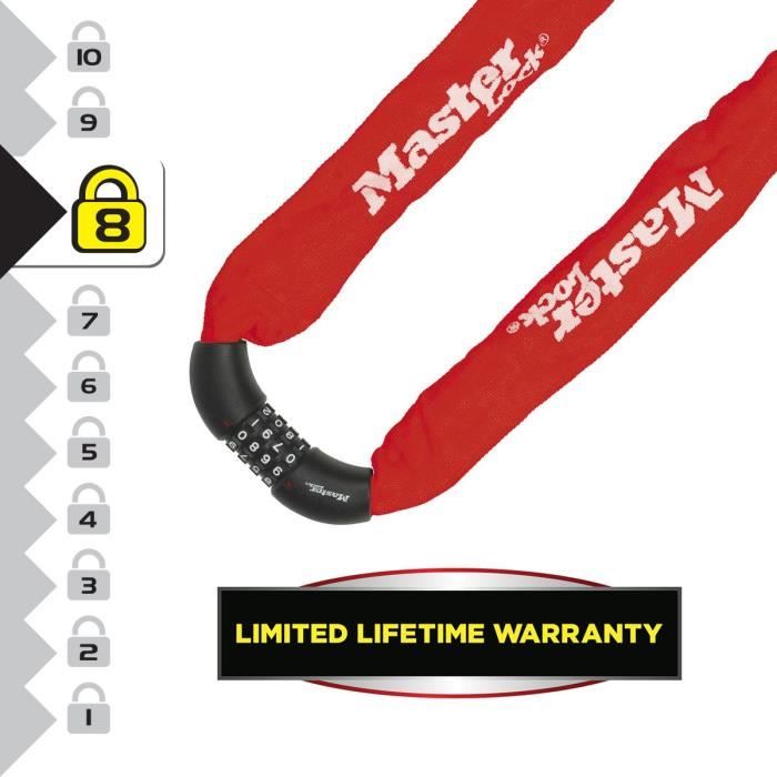 MASTER LOCK Bicycle Anti-Theft Chain - 90 cm, Combination, Red - 8392EURDPROCOLR