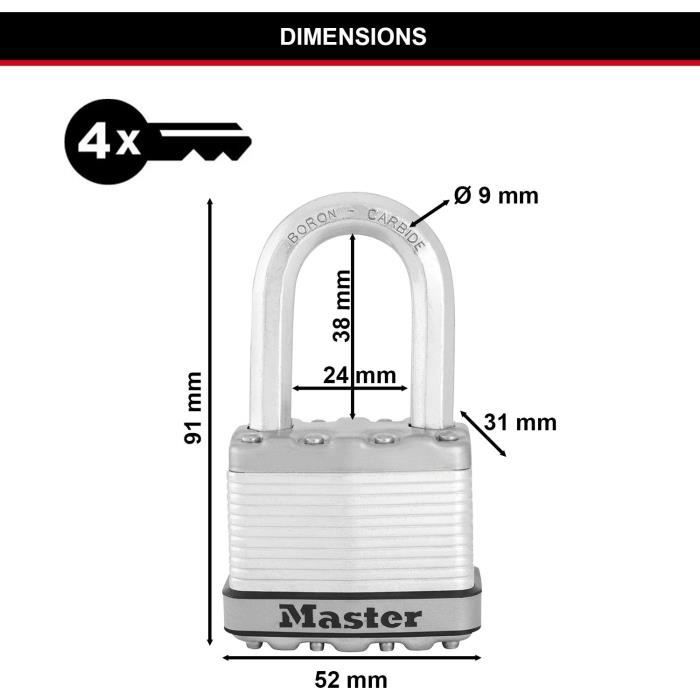 Cadenas Haute Sécurité - MASTER LOCK - M115EURTRILF - A Clé - Acier Laminé Recouvert - Extérieur - Anti-rouille - Anse M - Pack de