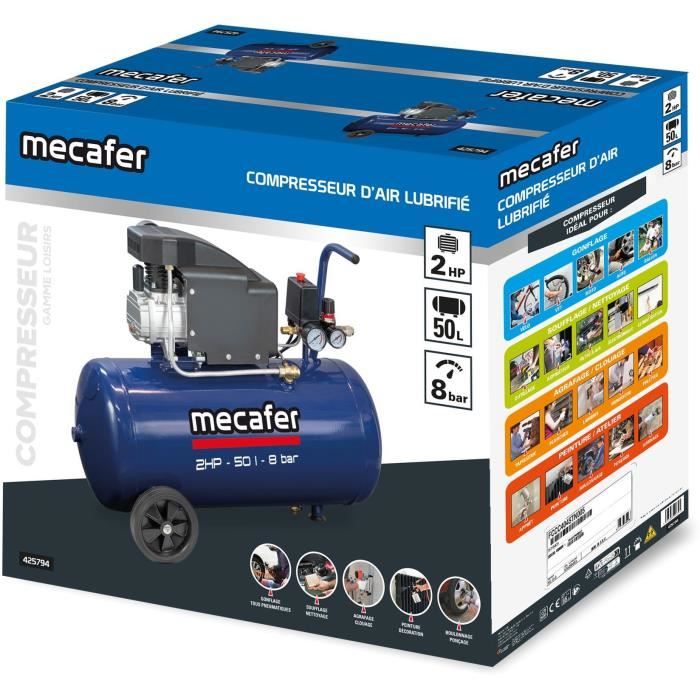MECAFER Compressor - 425794 - Blue - 50 L - 2 HP - Max Pressure 8 Bar