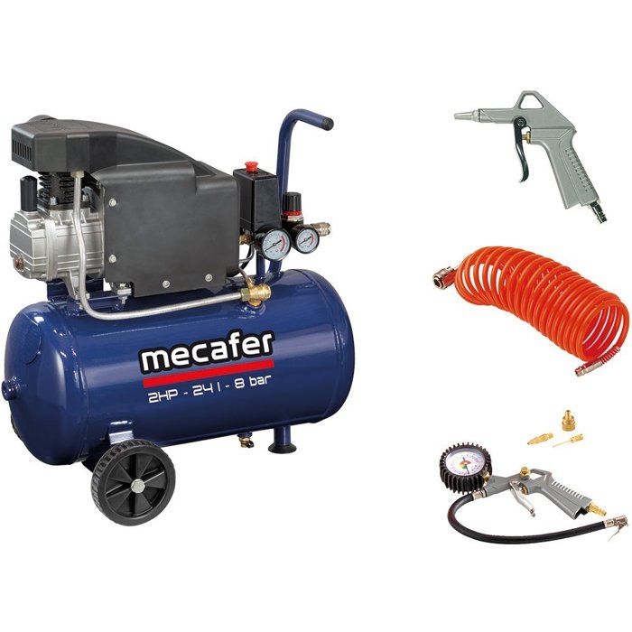 Compresseur d'air horizontal - Mecafer - 24 L - 2 HP - 8 Bars - Inclus : Tuyau + Souflette + Pistolet de gonflage + 3 embouts - Bleu