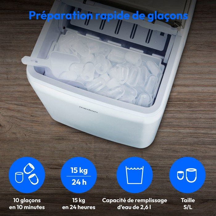 MEDION Crystal Ice Maker - 2.6 L Water Tank - 15 kg/24h - 10 Minutes - Stainless Steel MD11950
