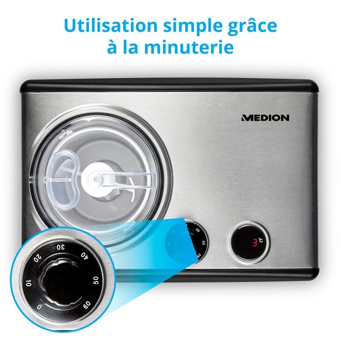 MEDION Ice Cream Maker and Yogurt Maker - MD18387 - 1.5 L - 150W - Black/Aluminum
