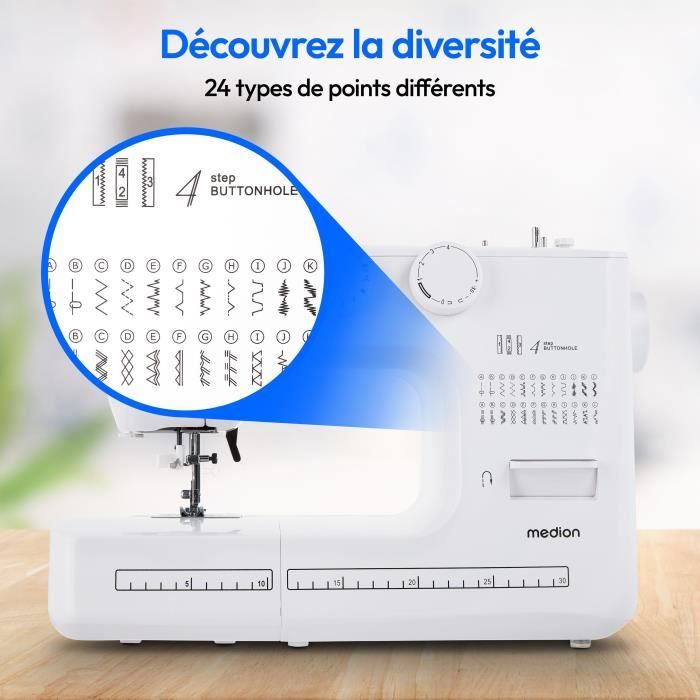 MEDION Sewing Machine SM 60 - 62W - 24 Stitches + Double Stitches - 700 RPM - LED - White