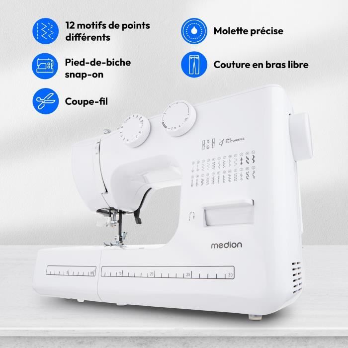 MEDION Sewing Machine SM 60 - 62W - 24 Stitches + Double Stitches - 700 RPM - LED - White
