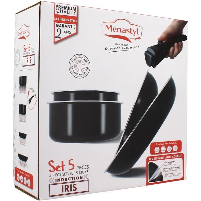 MENASTYL Cookware Set - 5 Pieces - Non-stick Aluminum - Induction Compatible - 6020437 - Black