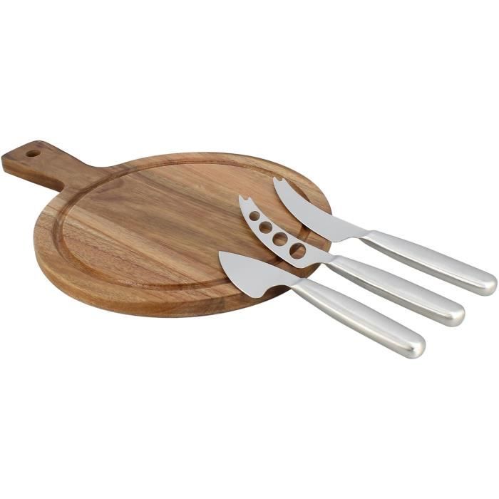 MENASTYL Acacia Wood Cutting Board with 3 Stainless Steel Cheese Knives - Round