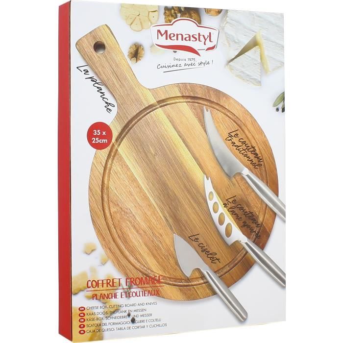MENASTYL Acacia Wood Cutting Board with 3 Stainless Steel Cheese Knives - Round