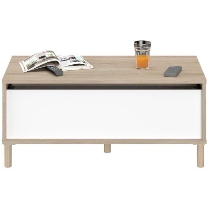 Table basse relevable MORPHOS - L 100 x P 50  x  H 43,6 cm - Rectangulaire - Décor blanc / Chene - PARISOT