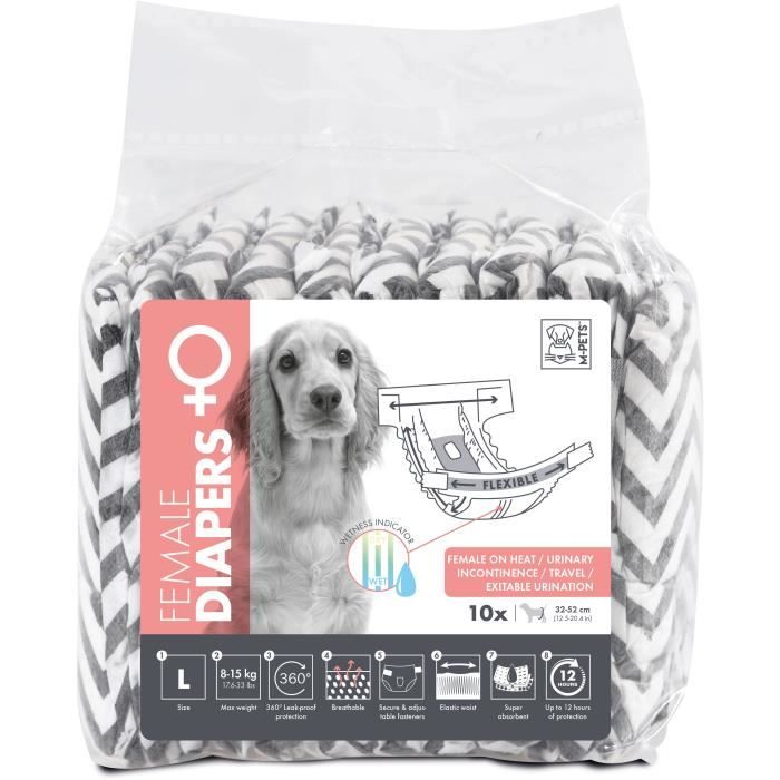 M PETS Dog Diapers - Female Diapers L x10 - Waist Size 32-52 cm - 8-15 kg - Wetness Indicator - 12h Protection